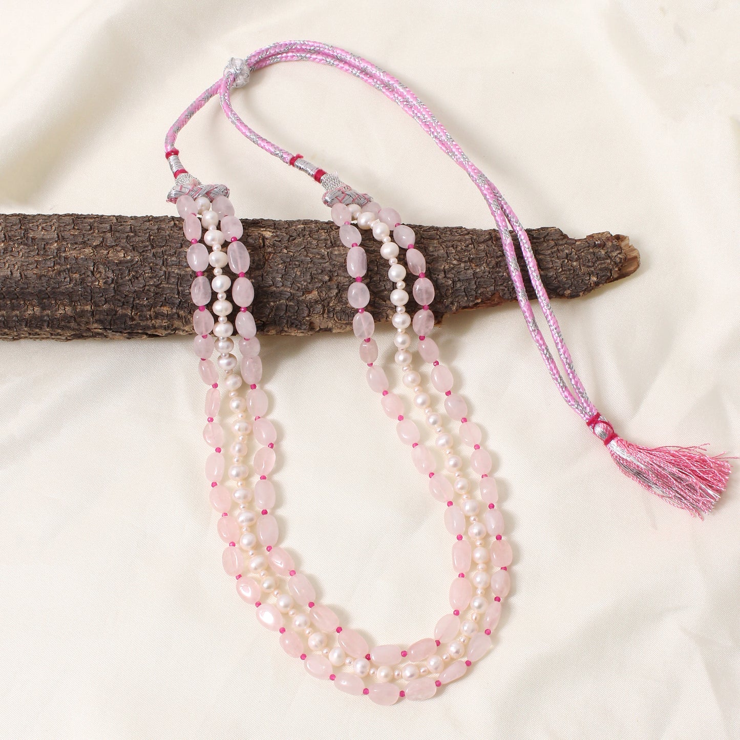 Natural Rose Quartz, Pearl & Pink Quartz 3 Layer Sarafa Necklace – Elegant Multi-Strand Gemstone Jewelry for Women