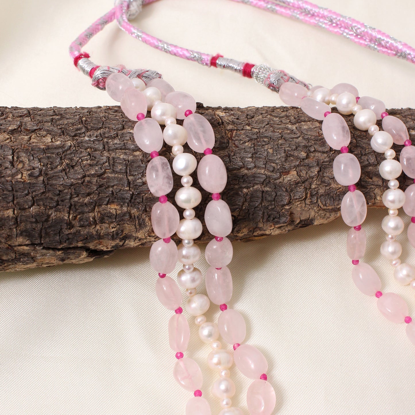 Luxury Rose Quartz & Pearl Sarafa Necklace – 3 Strand Plain Tumble Beaded Feminine Statement Piece