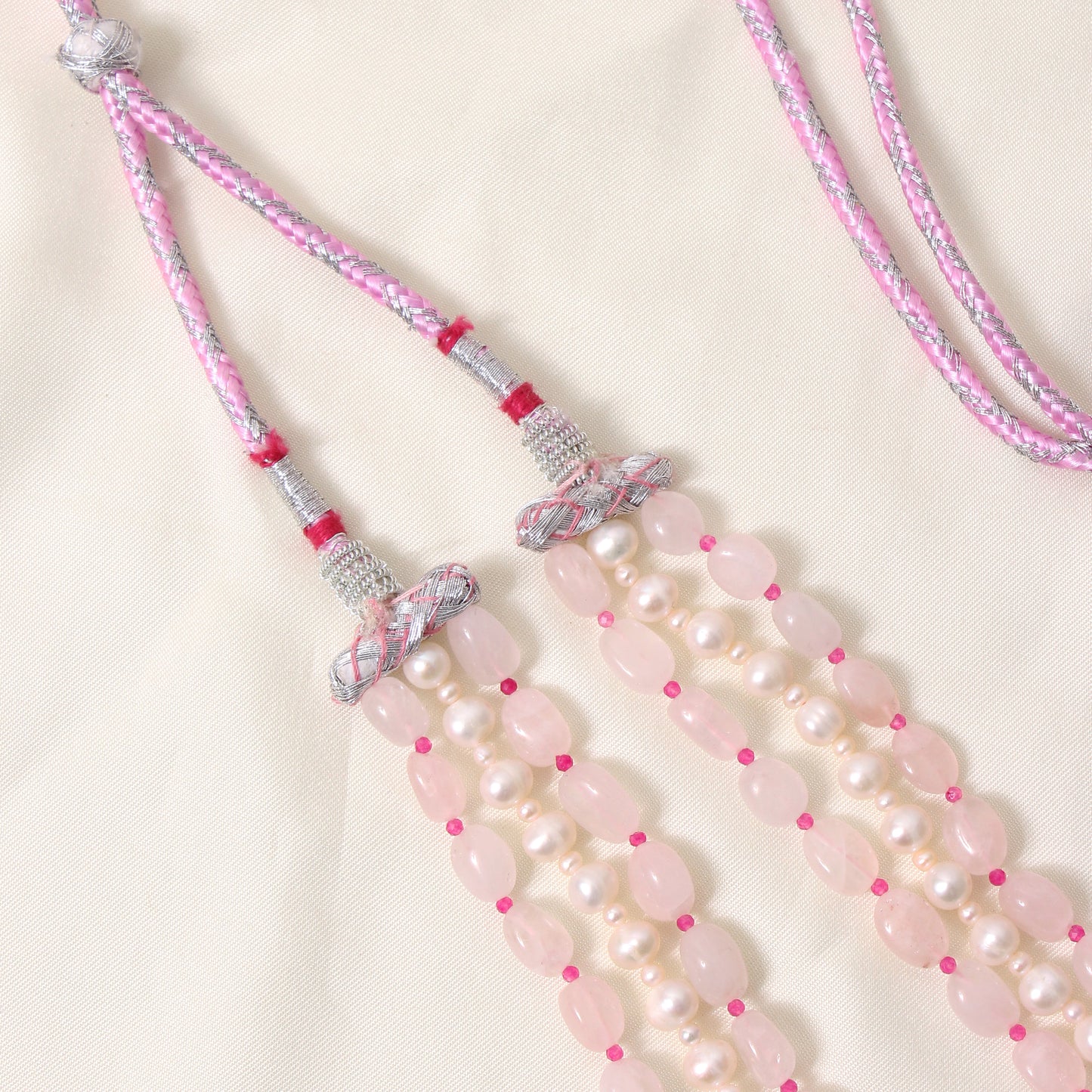 Natural Rose Quartz, Pearl & Pink Quartz 3 Layer Sarafa Necklace – Elegant Multi-Strand Gemstone Jewelry for Women
