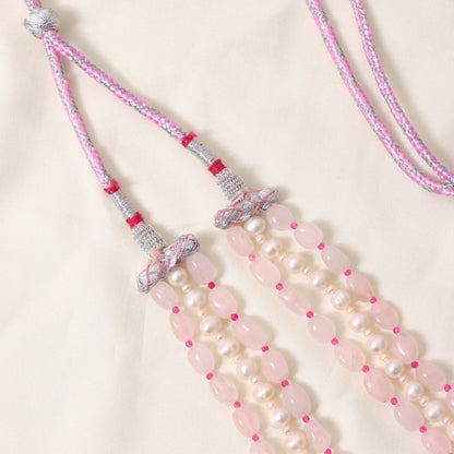 Natural Rose Quartz, Pearl & Pink Quartz 3 Layer Sarafa Necklace – Elegant Multi-Strand Gemstone Jewelry for Women