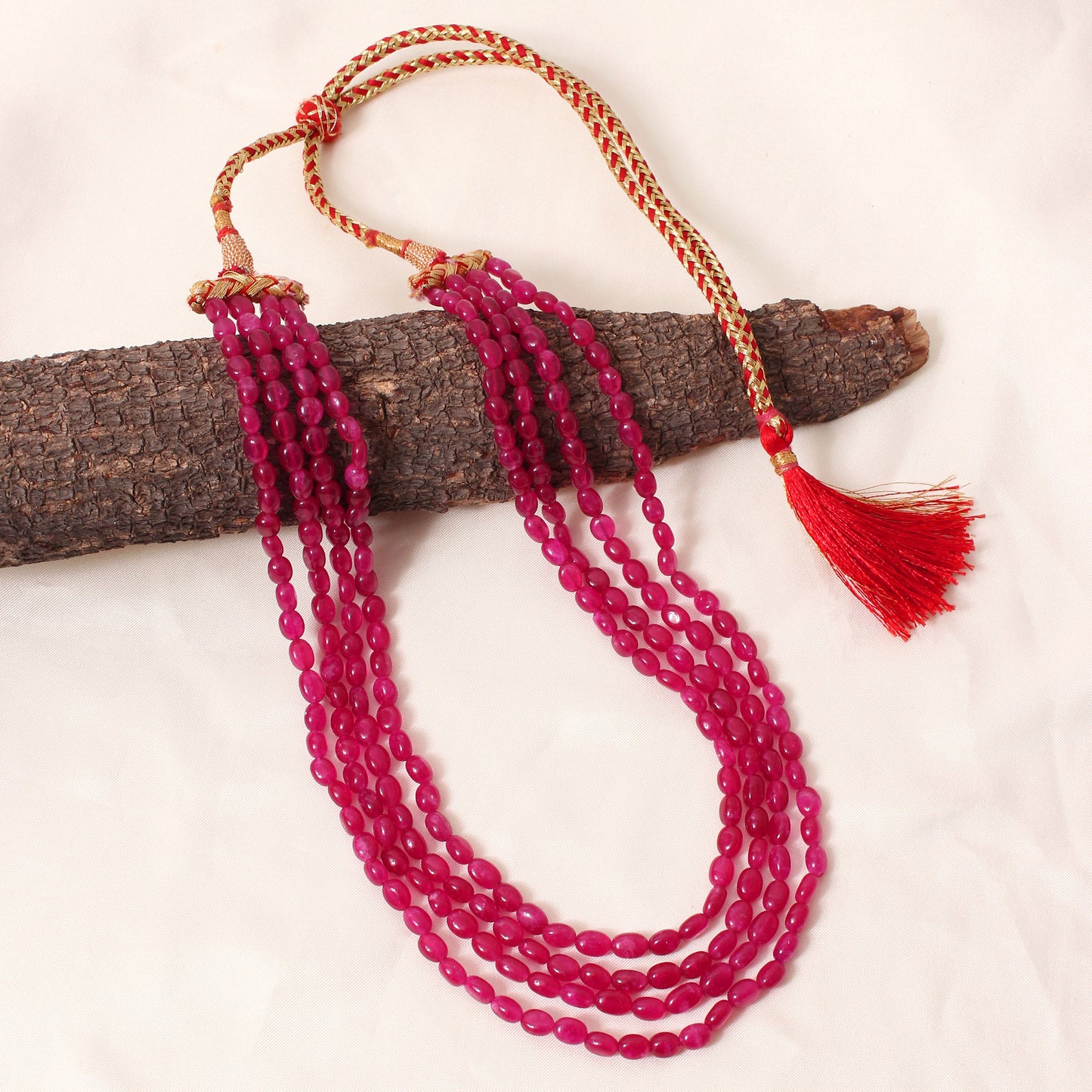 Pink Quartz 4 Layer Sarafa Necklace – Plain Oval Gemstone Beads 5x7 mm Elegant Statement Jewelry