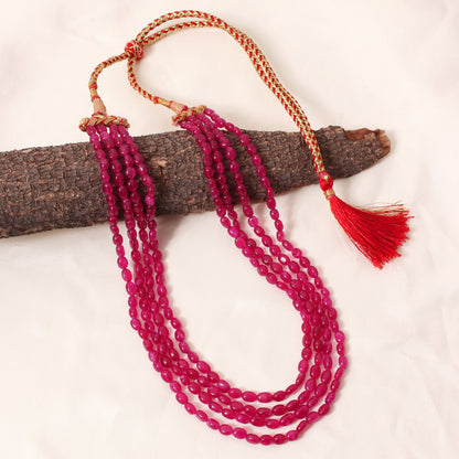 Pink Quartz 4 Layer Sarafa Necklace – Plain Oval Gemstone Beads 5x7 mm Elegant Statement Jewelry