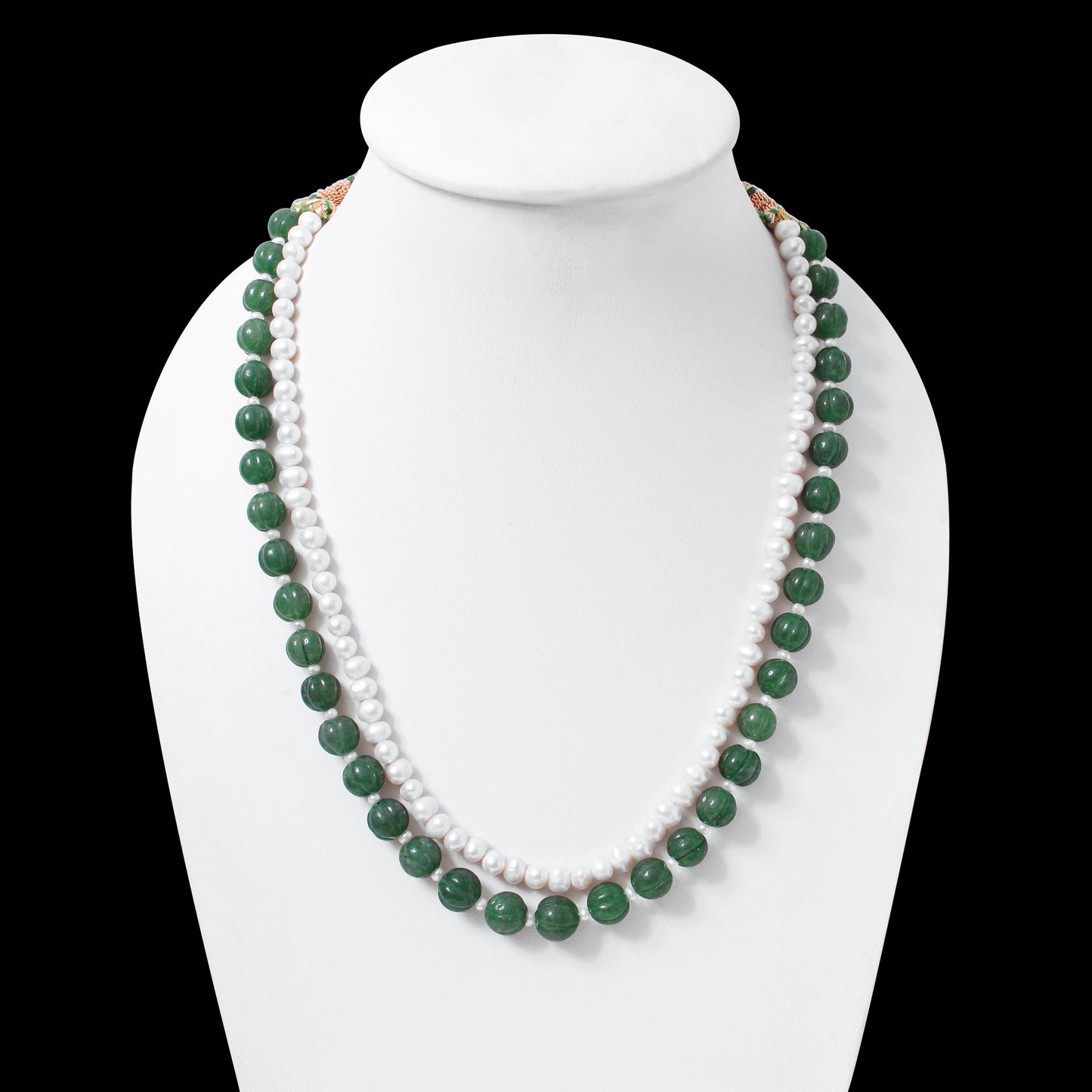 Green Aventurine & Pearl 2-Layer Sarafa Necklace – Plain Oval Muskmelon Beads | Elegant Healing Gemstone Jewelry