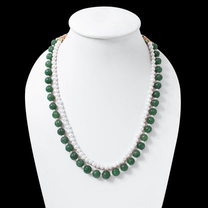 Green Aventurine & Pearl 2-Layer Sarafa Necklace – Plain Oval Muskmelon Beads | Elegant Healing Gemstone Jewelry
