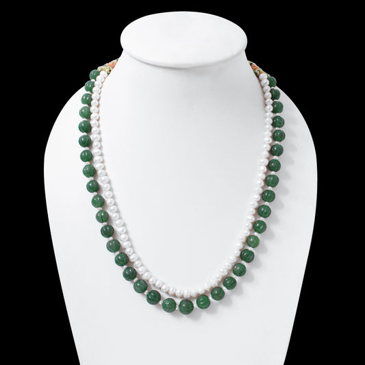 Green Aventurine & Pearl 2-Layer Sarafa Necklace – Plain Oval Muskmelon Beads | Elegant Healing Gemstone Jewelry