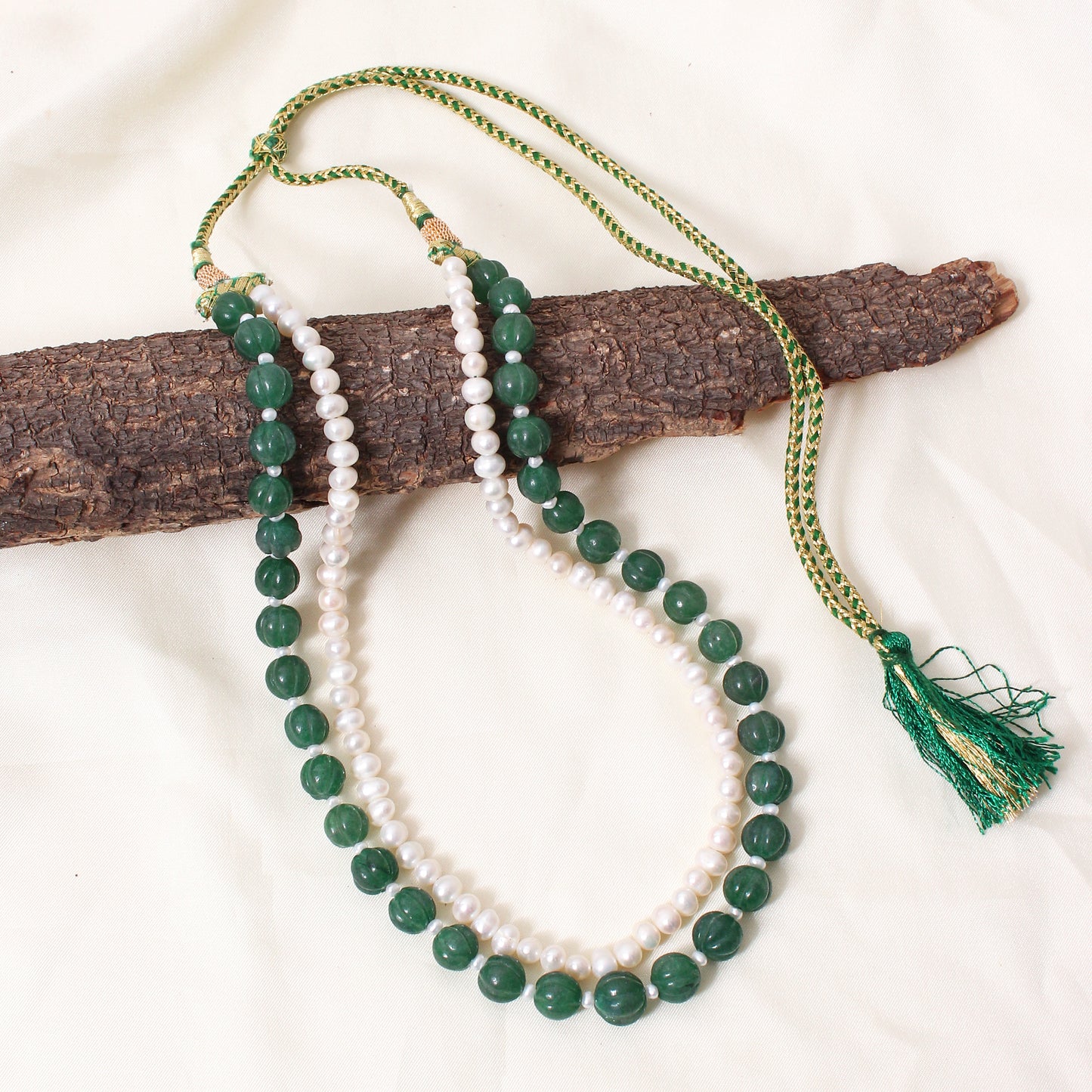 Green Aventurine & Pearl 2-Layer Sarafa Necklace – Plain Oval Muskmelon Beads | Elegant Healing Gemstone Jewelry