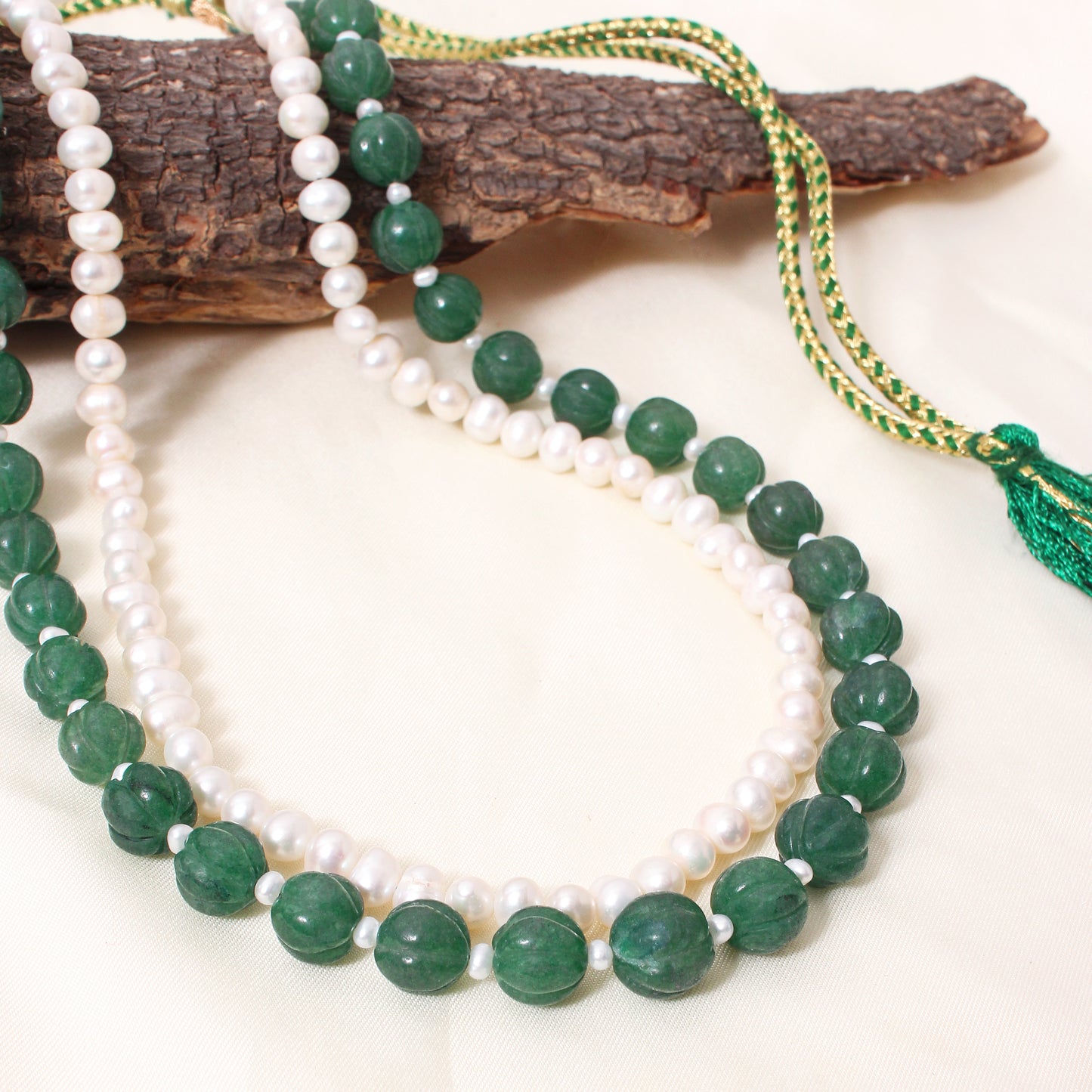 Green Aventurine & Pearl 2-Layer Sarafa Necklace – Plain Oval Muskmelon Beads | Elegant Healing Gemstone Jewelry