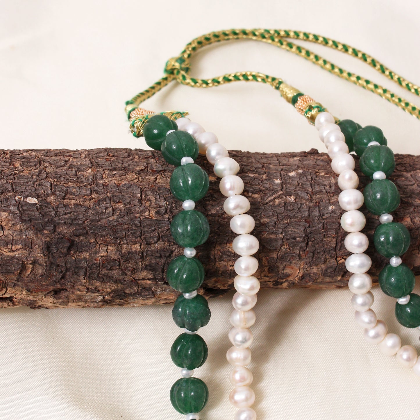 Green Aventurine & Pearl 2-Layer Sarafa Necklace – Plain Oval Muskmelon Beads | Elegant Healing Gemstone Jewelry