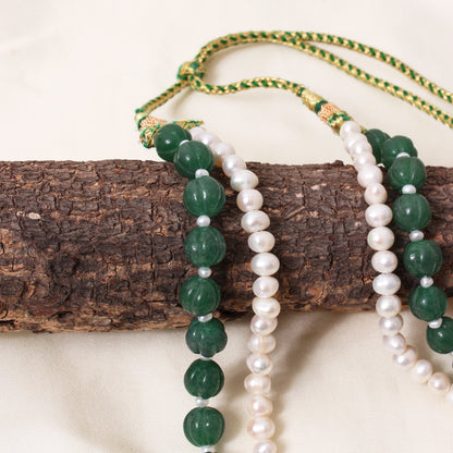 Green Aventurine & Pearl 2-Layer Sarafa Necklace – Plain Oval Muskmelon Beads | Elegant Healing Gemstone Jewelry