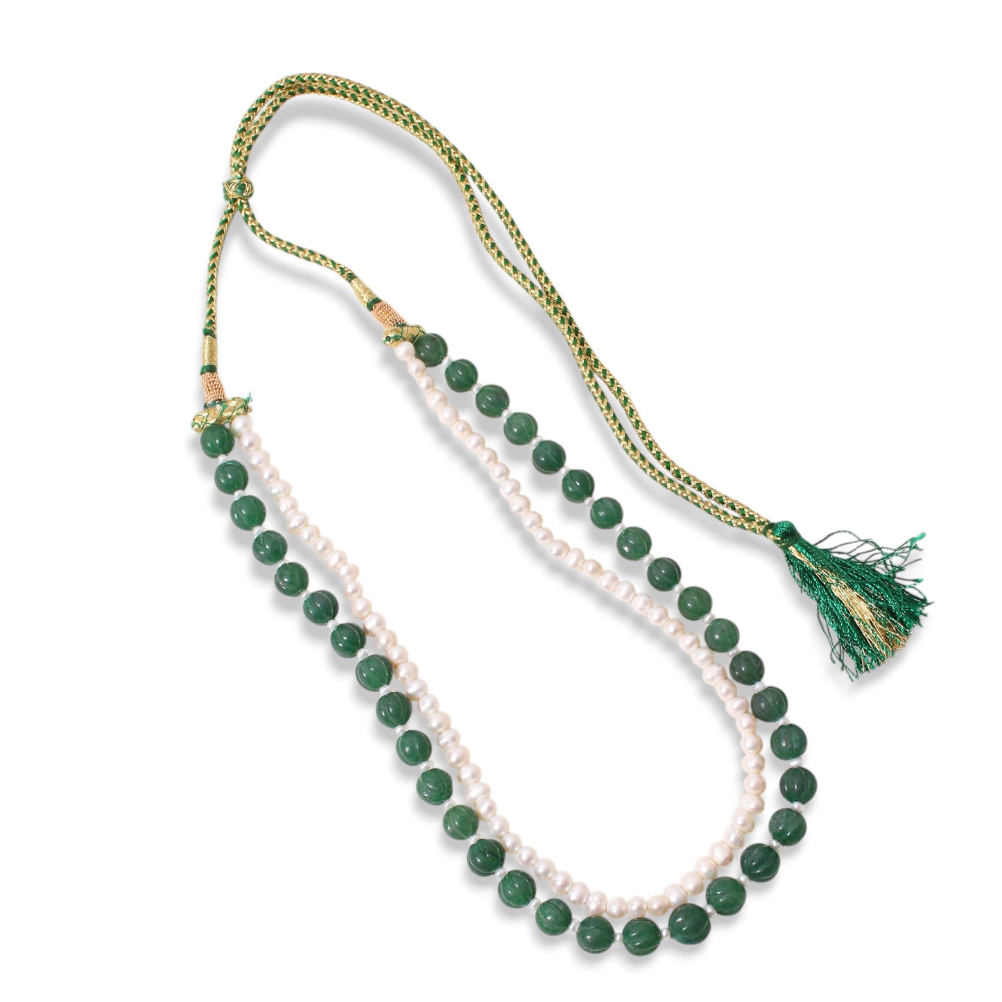 Green Aventurine & Pearl 2-Layer Sarafa Necklace – Plain Oval Muskmelon Beads | Elegant Healing Gemstone Jewelry