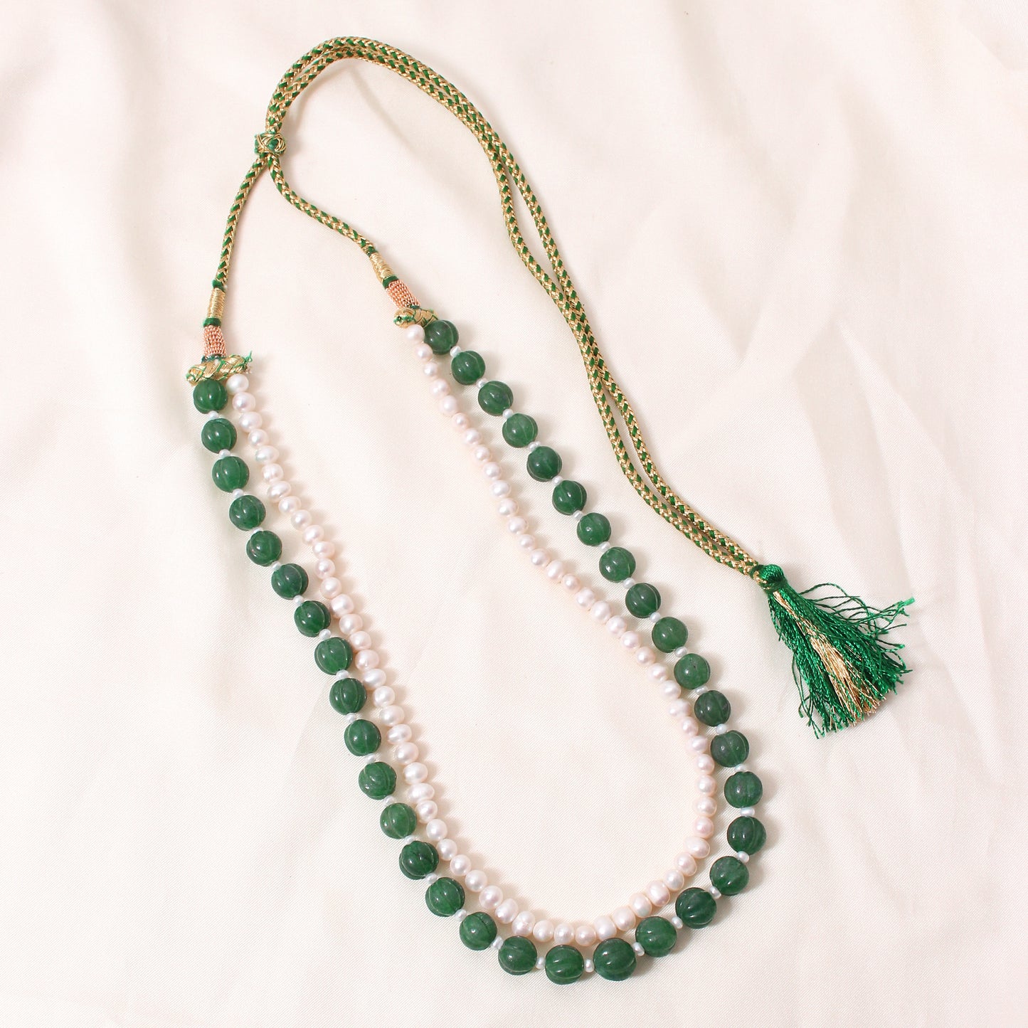 Green Aventurine & Pearl 2-Layer Sarafa Necklace – Plain Oval Muskmelon Beads | Elegant Healing Gemstone Jewelry