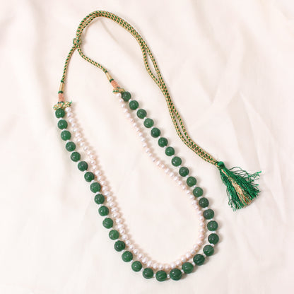 Green Aventurine & Pearl 2-Layer Sarafa Necklace – Plain Oval Muskmelon Beads | Elegant Healing Gemstone Jewelry
