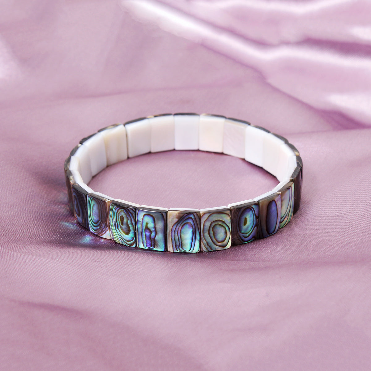 Natural Abalone Shell Rectangle Stretch Bracelet – Iridescent Fancy Shape Shell Bead Jewelry
