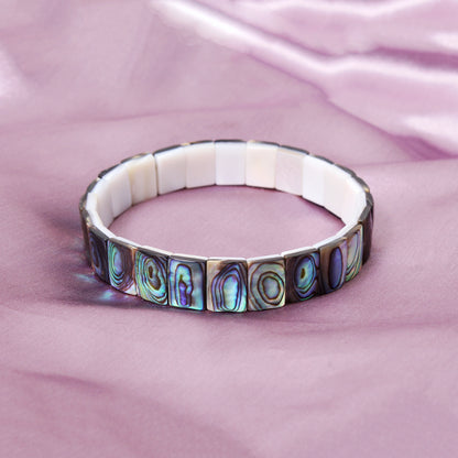 Natural Abalone Shell Rectangle Stretch Bracelet – Iridescent Fancy Shape Shell Bead Jewelry