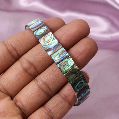 Natural Abalone Shell Rectangle Stretch Bracelet – Iridescent Fancy Shape Shell Bead Jewelry