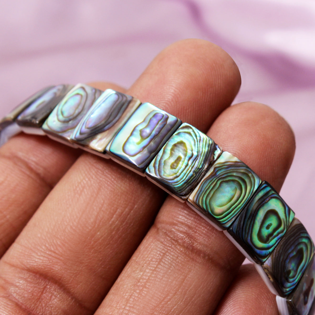 Natural Abalone Shell Rectangle Stretch Bracelet – Iridescent Fancy Shape Shell Bead Jewelry