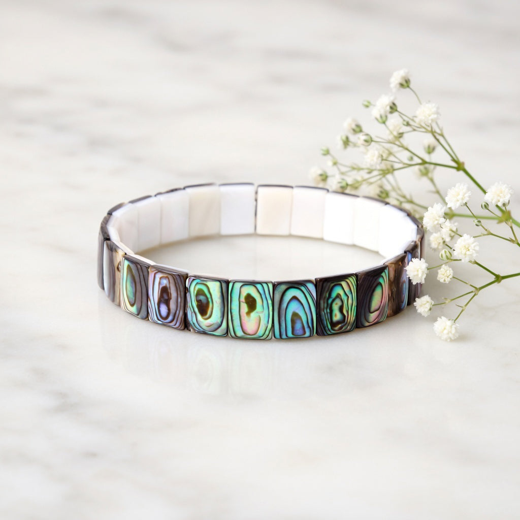 Natural Abalone Shell Rectangle Stretch Bracelet – Iridescent Fancy Shape Shell Bead Jewelry