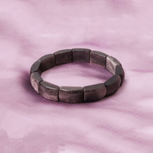 Natural Silver Obsidian Rectangle Stretch Bracelet – Fancy Shape Black Gemstone Bead Jewelry