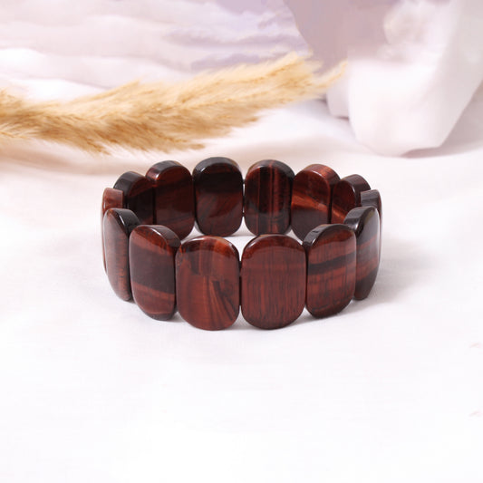 Natural Red Tiger Eye Elongated Bead Stretch Bracelet – Rich Mahogany Brown Gemstone Jewelry