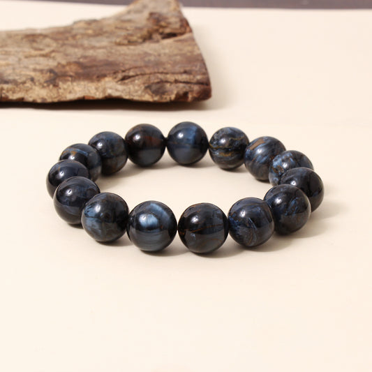 Natural Pietersite 16.5 mm Round Bead Stretch Bracelet – Blue Grey Chatoyant Gemstone Jewelry