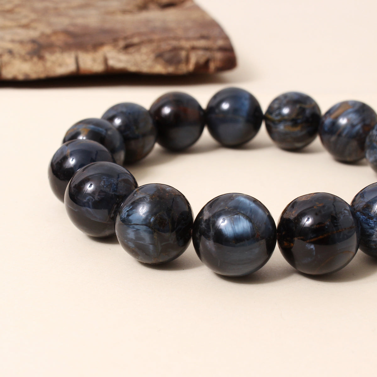 Natural Pietersite 16.5 mm Round Bead Stretch Bracelet – Blue Grey Chatoyant Gemstone Jewelry