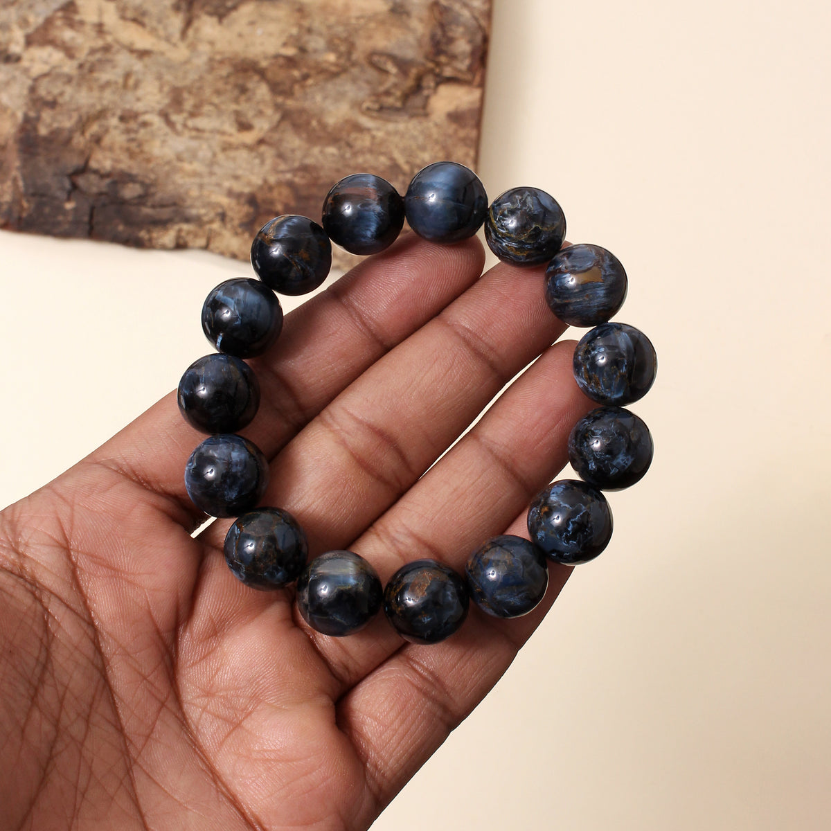Natural Pietersite 16.5 mm Round Bead Stretch Bracelet – Blue Grey Chatoyant Gemstone Jewelry