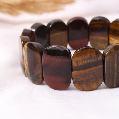 Natural Tiger Eye Multicolor Fancy Shape Stretch Bracelet – Golden Brown & Red Gemstone Bead Jewelry