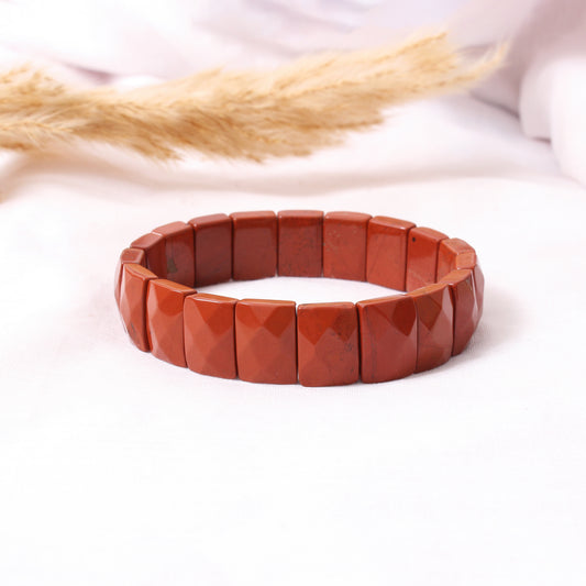 Natural Red Jasper Rectangle Bead Stretch Bracelet – Polished Terracotta Red Gemstone Jewelry