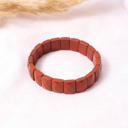 Natural Red Jasper Rectangle Bead Stretch Bracelet – Polished Terracotta Red Gemstone Jewelry