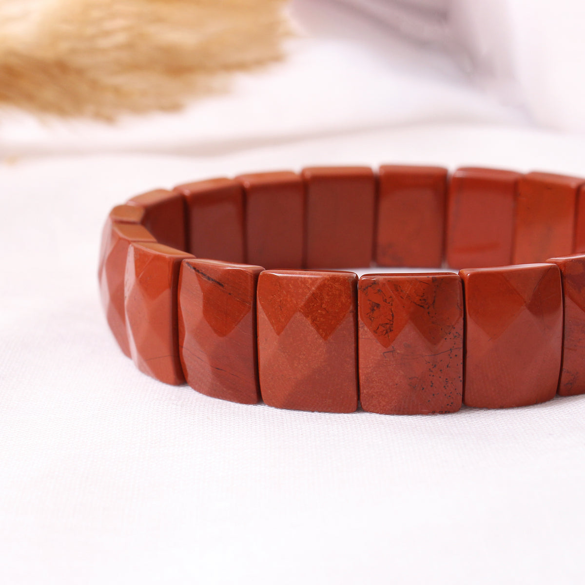 Natural Red Jasper Rectangle Bead Stretch Bracelet – Polished Terracotta Red Gemstone Jewelry