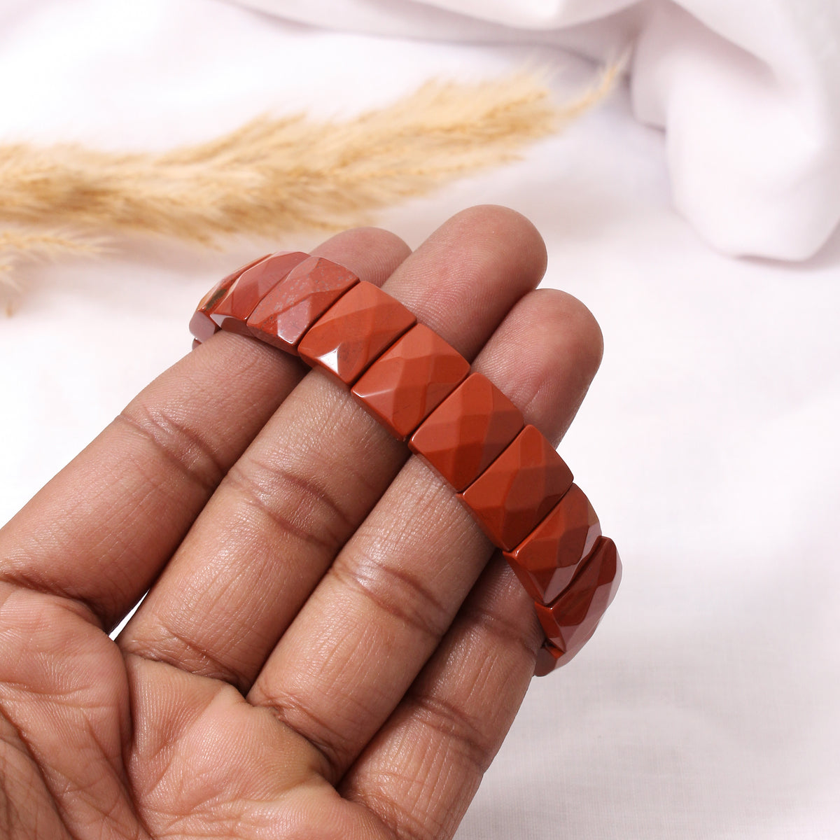 Natural Red Jasper Rectangle Bead Stretch Bracelet – Polished Terracotta Red Gemstone Jewelry