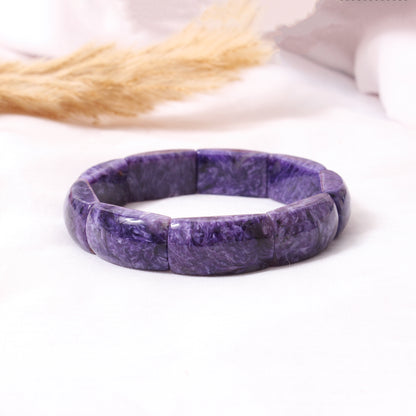 Elegant Natural Charoite Rectangle Bead Stretch Bracelet – Purple Gemstone Bracelet for Calm & Spiritual Growth