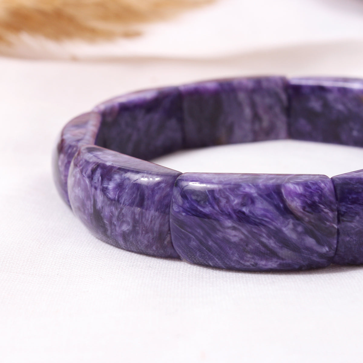 Elegant Natural Charoite Rectangle Bead Stretch Bracelet – Purple Gemstone Bracelet for Calm & Spiritual Growth