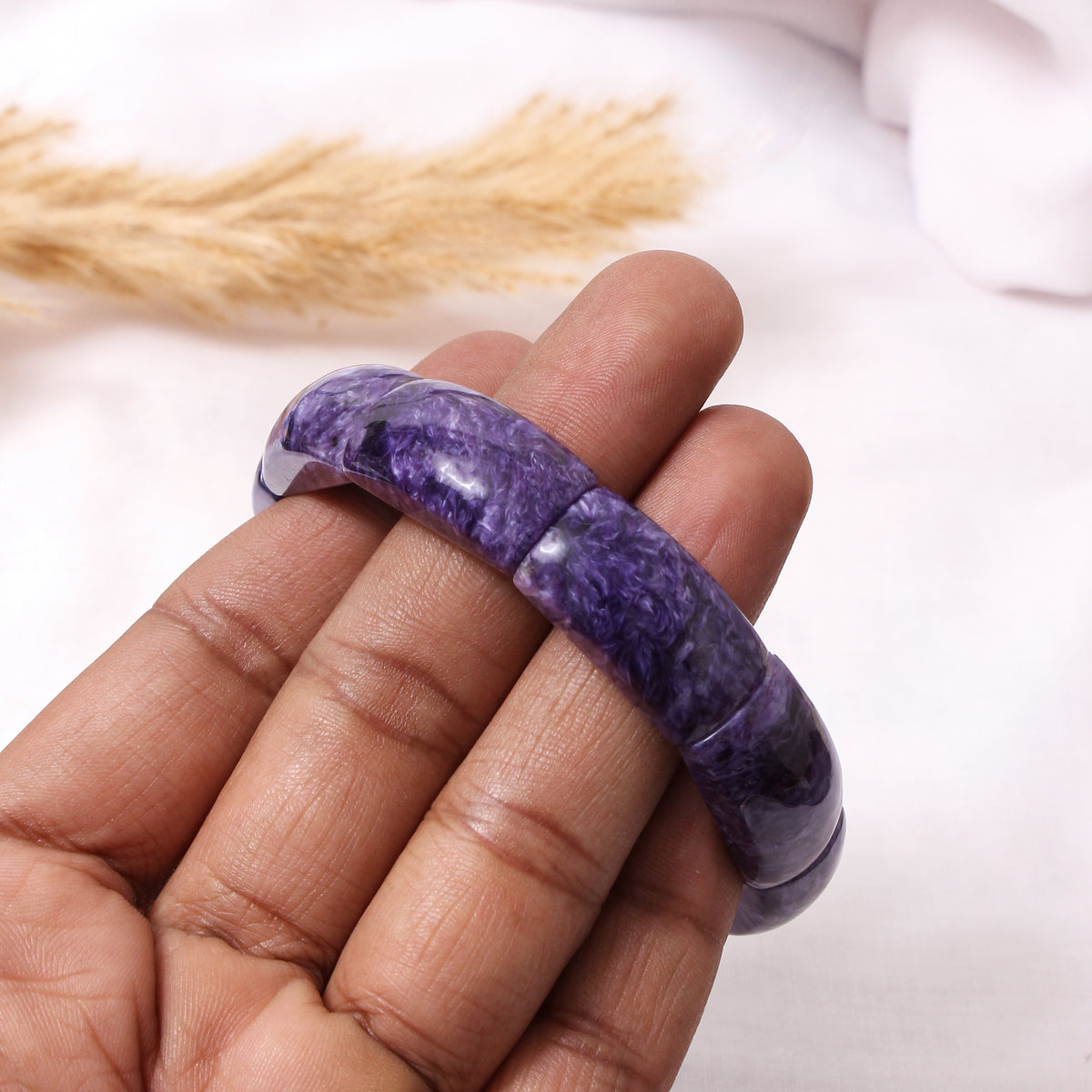 Elegant Natural Charoite Rectangle Bead Stretch Bracelet – Purple Gemstone Bracelet for Calm & Spiritual Growth
