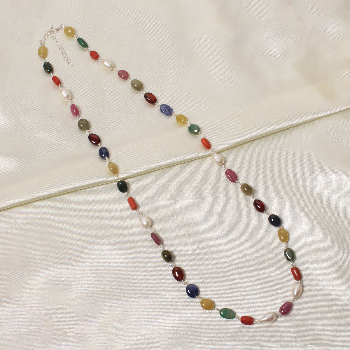Elegant Natural Navratna Smooth Oval Nuggets Gemstone Necklace – 9 Gemstones for Balance, Prosperity & Positive Energy