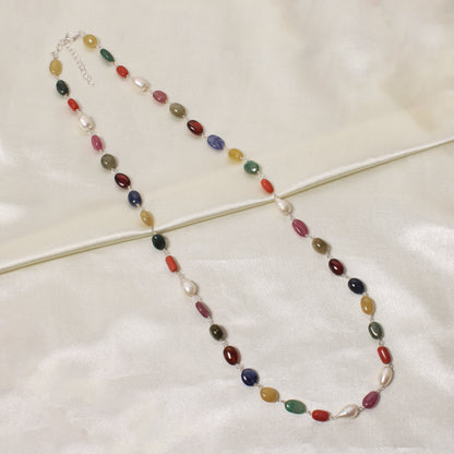 Elegant Natural Navratna Smooth Oval Nuggets Gemstone Necklace – 9 Gemstones for Balance, Prosperity & Positive Energy