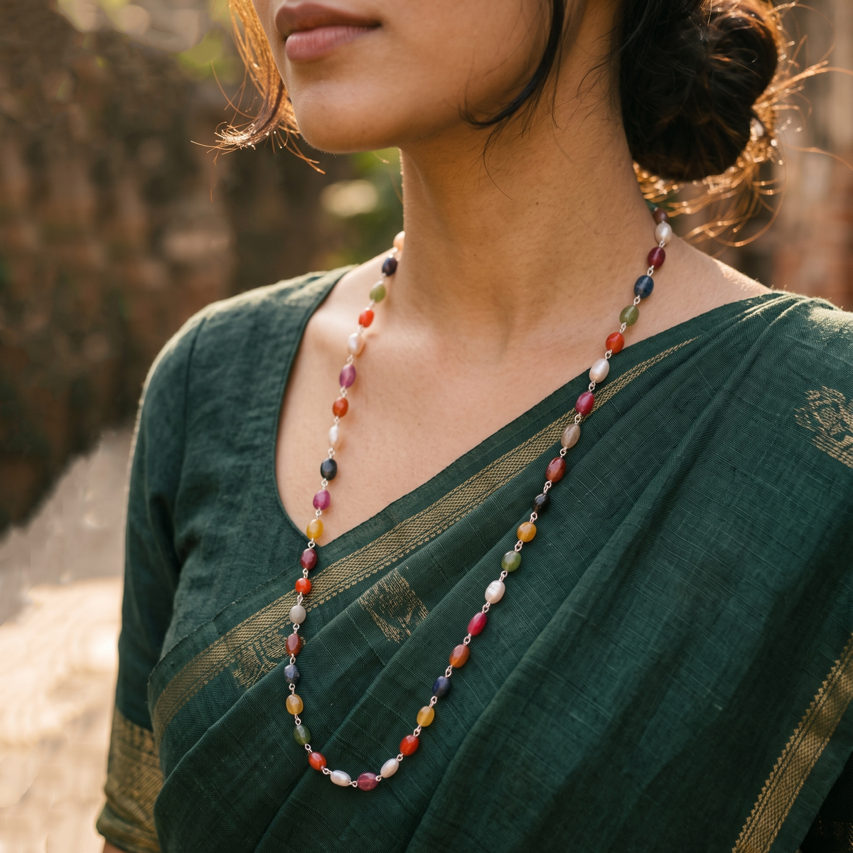 Elegant Natural Navratna Smooth Oval Nuggets Gemstone Necklace – 9 Gemstones for Balance, Prosperity & Positive Energy