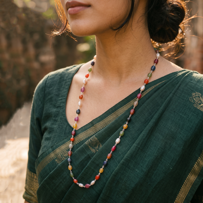 Elegant Natural Navratna Smooth Oval Nuggets Gemstone Necklace – 9 Gemstones for Balance, Prosperity & Positive Energy