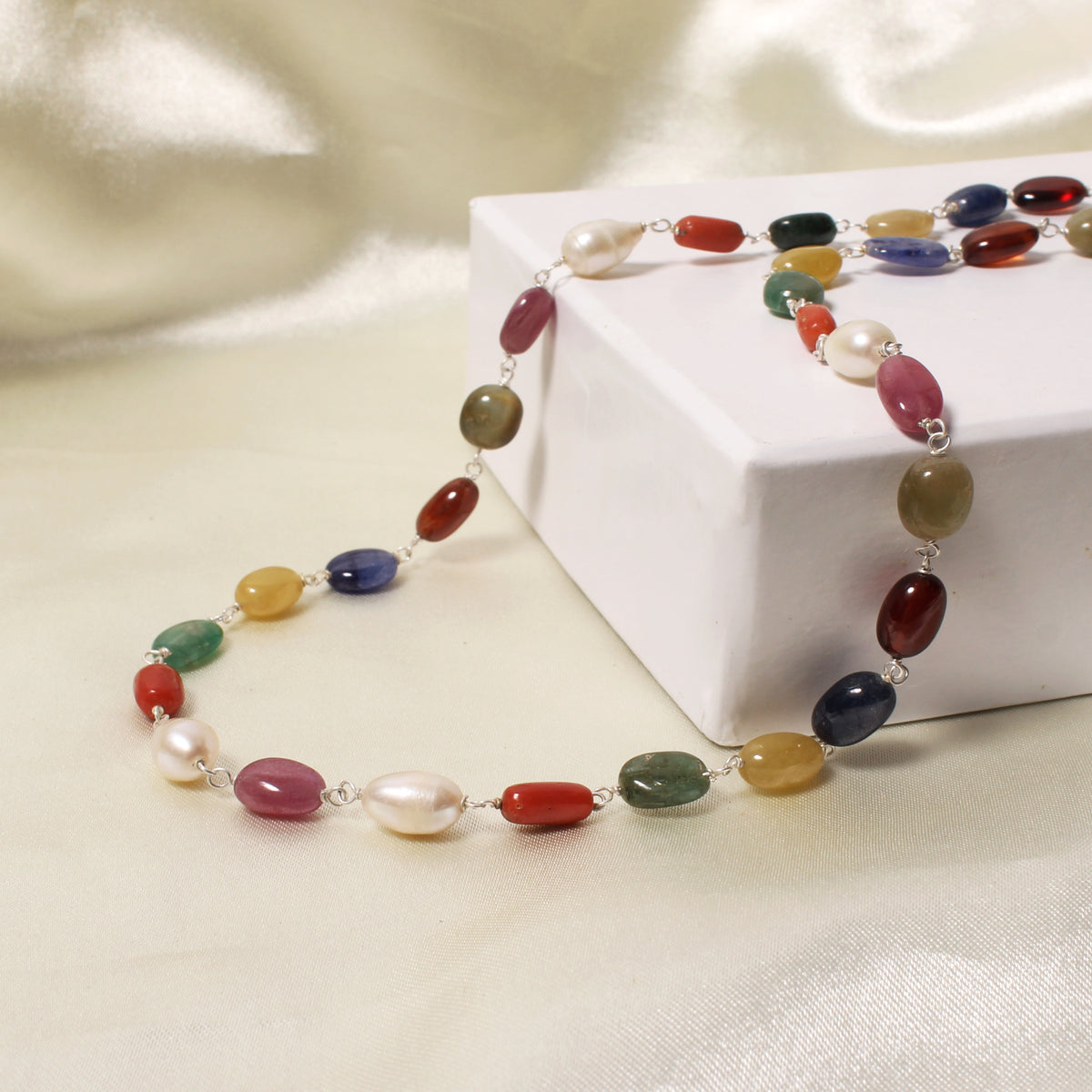 Elegant Natural Navratna Smooth Oval Nuggets Gemstone Necklace – 9 Gemstones for Balance, Prosperity & Positive Energy