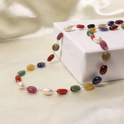 Elegant Natural Navratna Smooth Oval Nuggets Gemstone Necklace – 9 Gemstones for Balance, Prosperity & Positive Energy