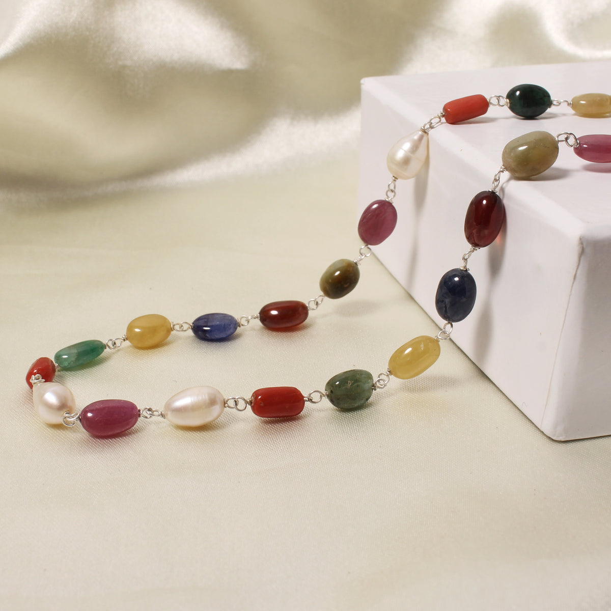 Elegant Natural Navratna Smooth Oval Nuggets Gemstone Necklace – 9 Gemstones for Balance, Prosperity & Positive Energy