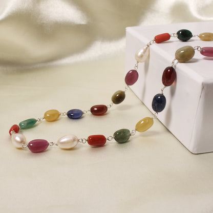 Elegant Natural Navratna Smooth Oval Nuggets Gemstone Necklace – 9 Gemstones for Balance, Prosperity & Positive Energy