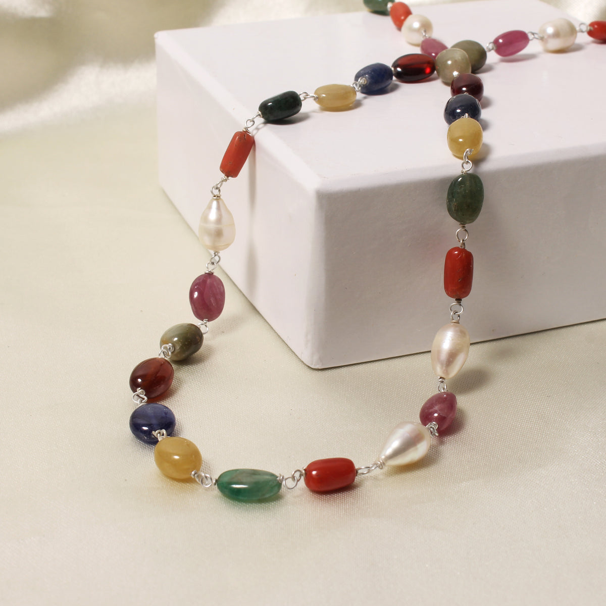 Elegant Natural Navratna Smooth Oval Nuggets Gemstone Necklace – 9 Gemstones for Balance, Prosperity & Positive Energy