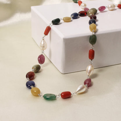 Elegant Natural Navratna Smooth Oval Nuggets Gemstone Necklace – 9 Gemstones for Balance, Prosperity & Positive Energy