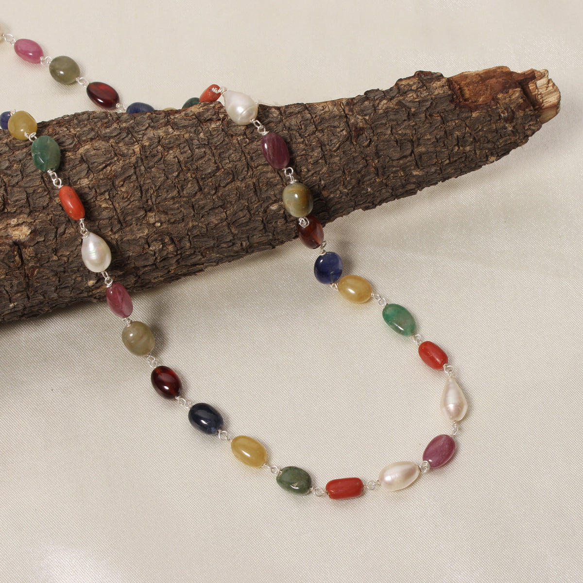 Elegant Natural Navratna Smooth Oval Nuggets Gemstone Necklace – 9 Gemstones for Balance, Prosperity & Positive Energy