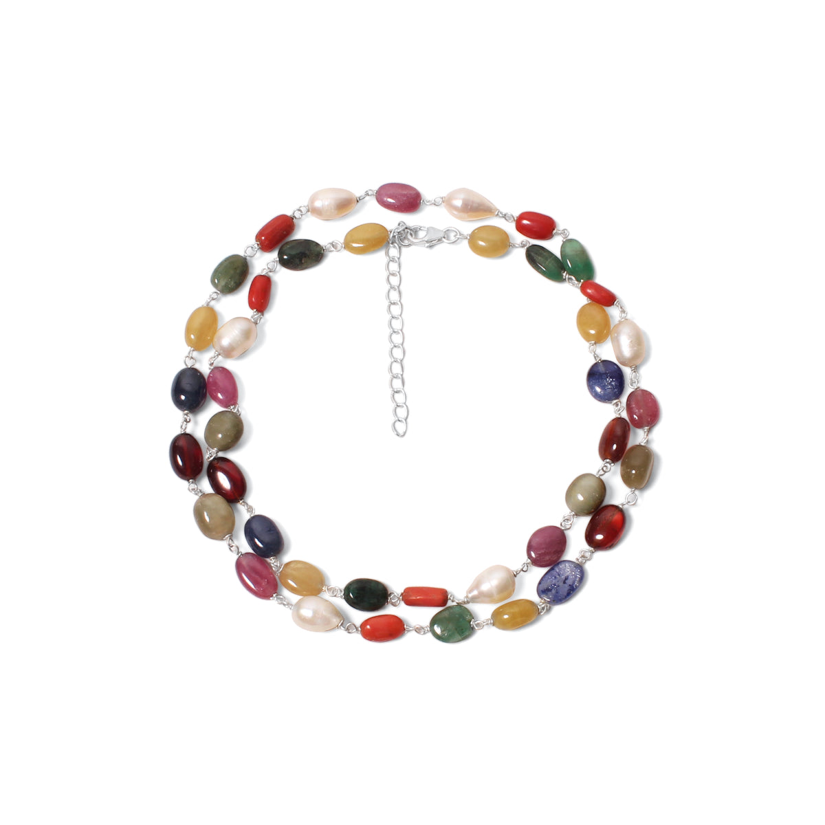 Elegant Natural Navratna Smooth Oval Nuggets Gemstone Necklace – 9 Gemstones for Balance, Prosperity & Positive Energy