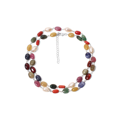 Elegant Natural Navratna Smooth Oval Nuggets Gemstone Necklace – 9 Gemstones for Balance, Prosperity & Positive Energy