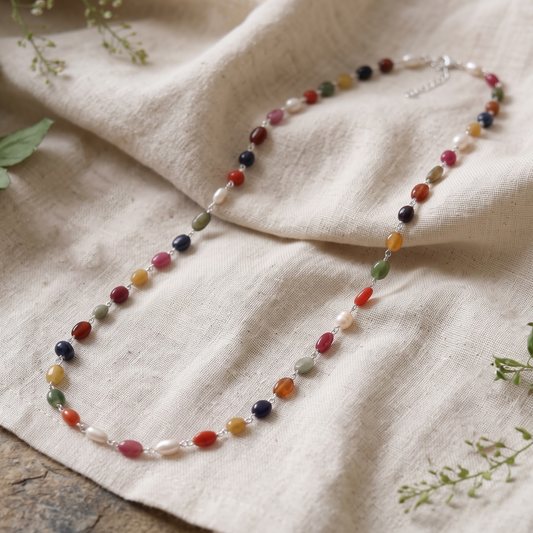 Elegant Natural Navratna Smooth Oval Nuggets Gemstone Necklace – 9 Gemstones for Balance, Prosperity & Positive Energy