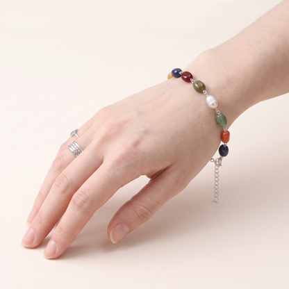Divine Natural Navratna Gemstone Bracelet – Smooth Oval Nuggets for Luck, Protection & Prosperity