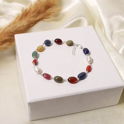 Divine Natural Navratna Gemstone Bracelet – Smooth Oval Nuggets for Luck, Protection & Prosperity